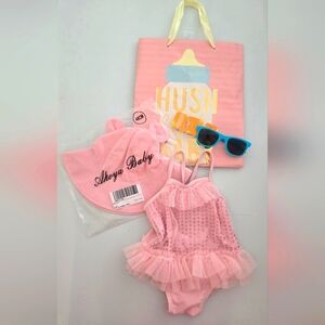 SOL SWIM Baby Girls Sizes 6/9M Pink Glitzy Bathing Swimsuit Hat Sunglass Set 3